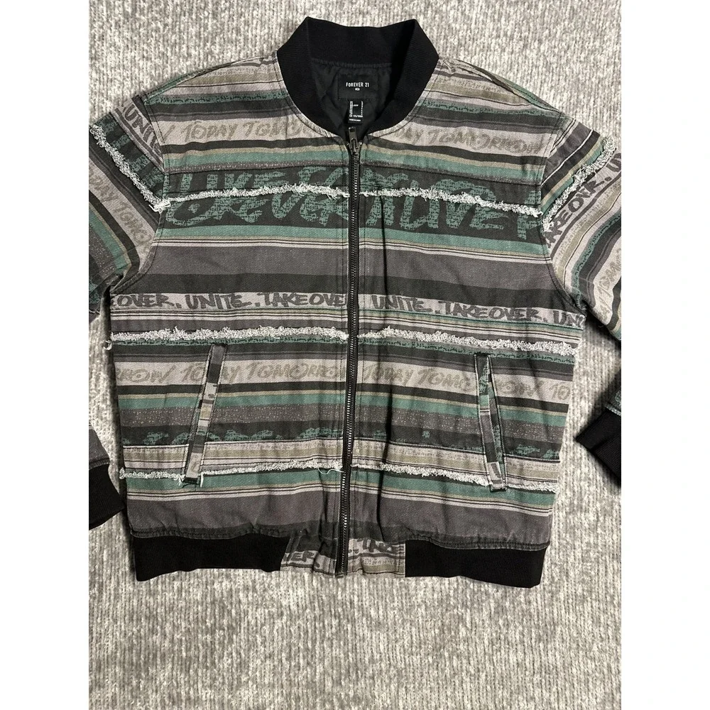 Forever 21 Men's Bomber Jacket L Quilted Distressed Striped Graphic Y2K Zip Rare